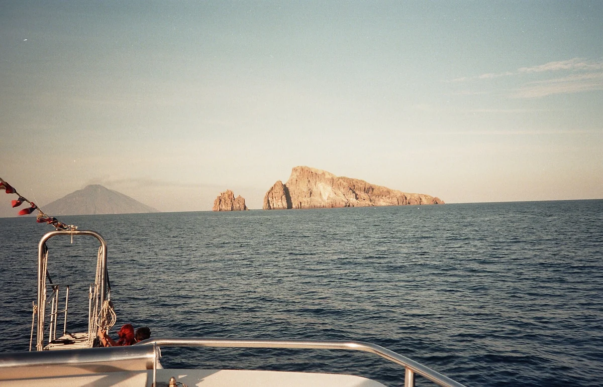 The Stromboli volcano seen from a moving boat on the Aeolian crossing, Italy